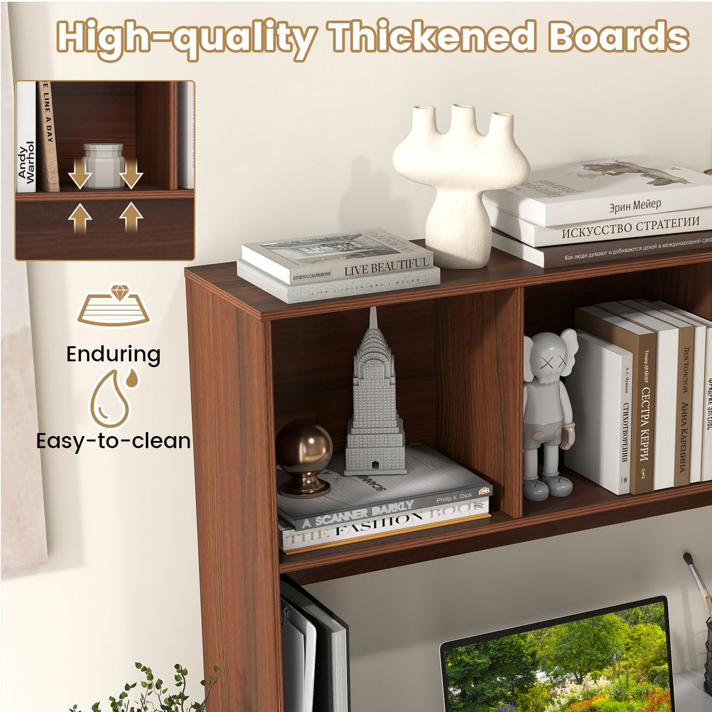 Computer Desktop Bookcase with 4 Cubbies and Open Back Compartment-HT, Walnut Bookcases at Gallery Canada