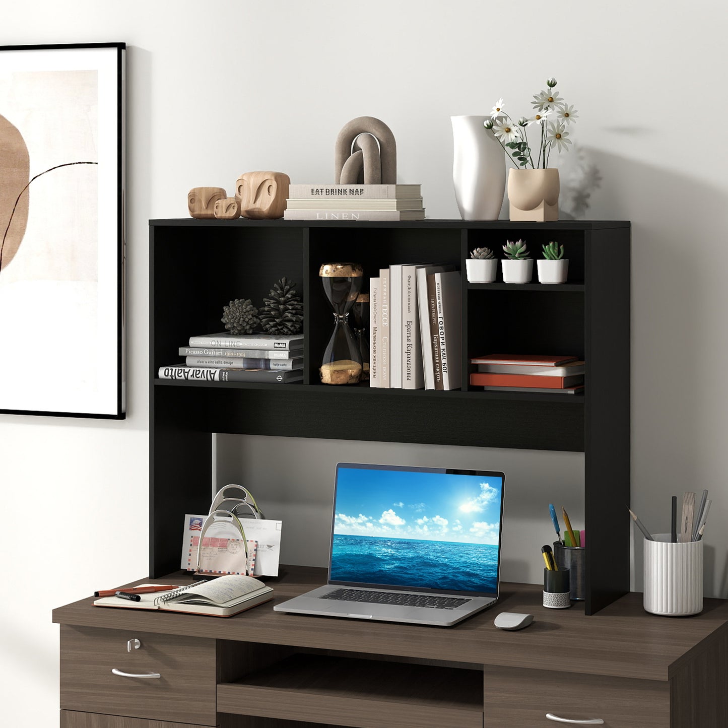 Computer Desktop Bookcase with 4 Cubbies and Open Back Compartment-DK, Black Bookcases at Gallery Canada