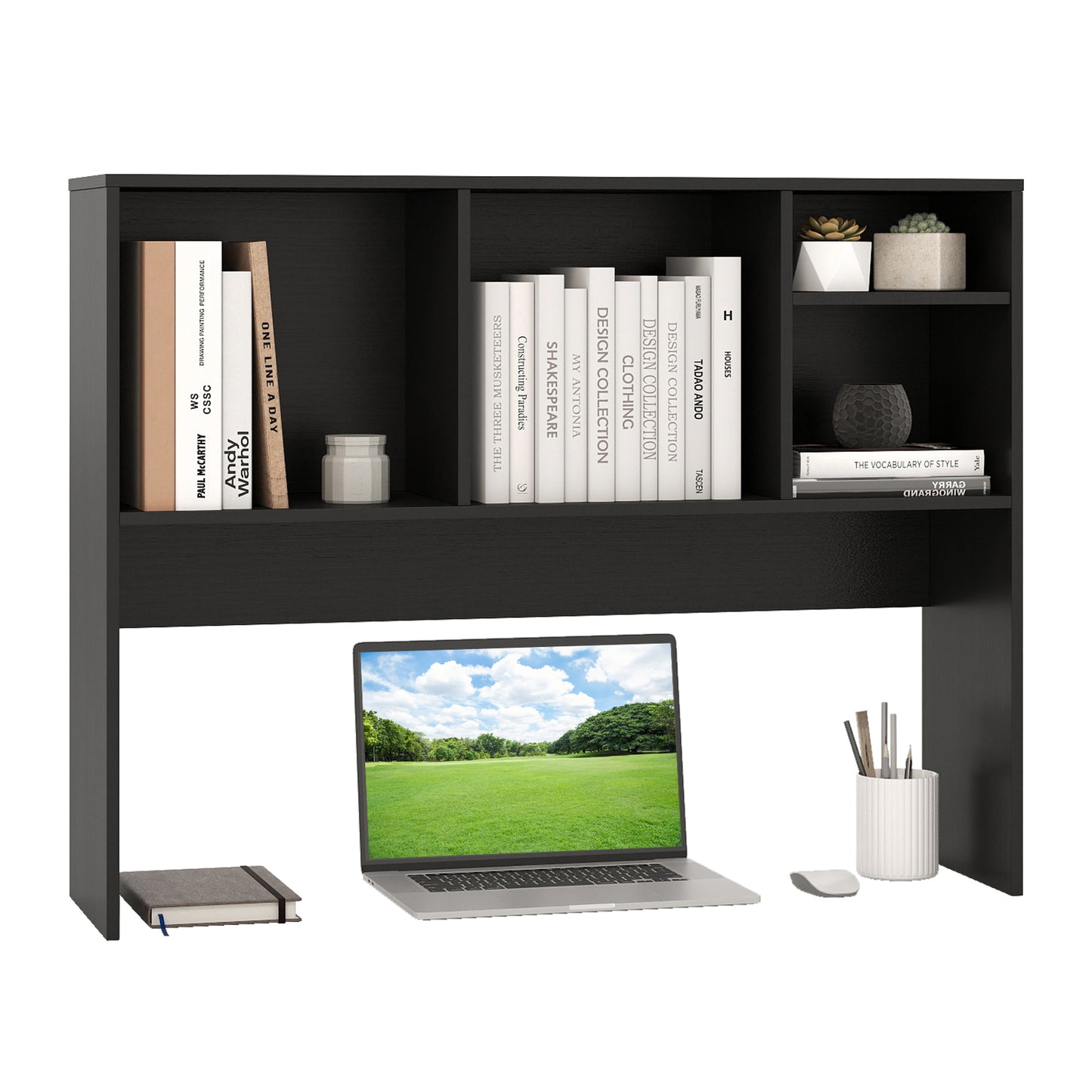Computer Desktop Bookcase with 4 Cubbies and Open Back Compartment-DK, Black Bookcases Black at Gallery Canada