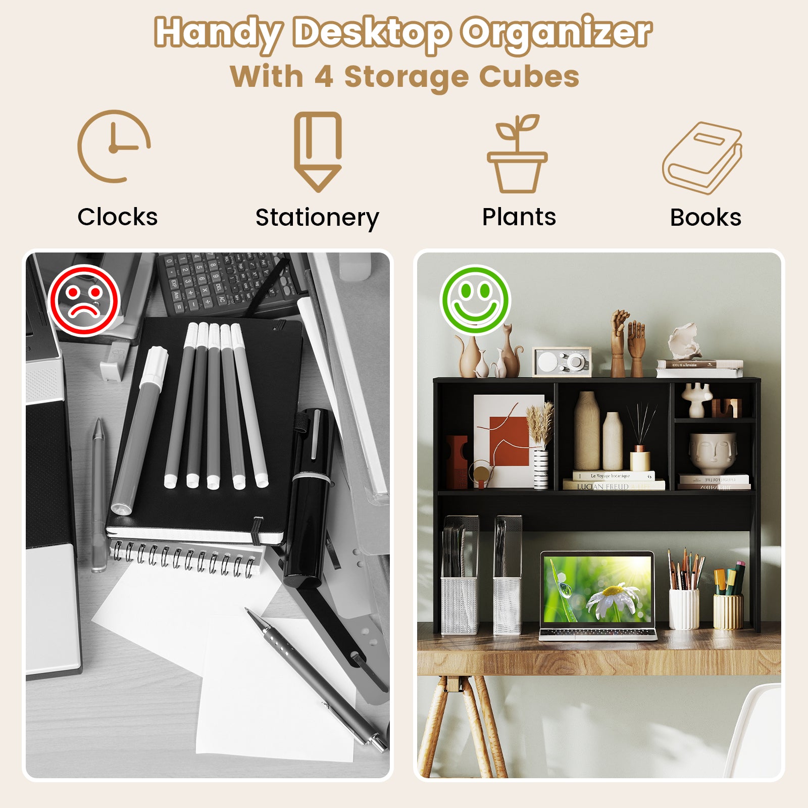 Computer Desktop Bookcase with 4 Cubbies and Open Back Compartment-DK, Black Bookcases at Gallery Canada