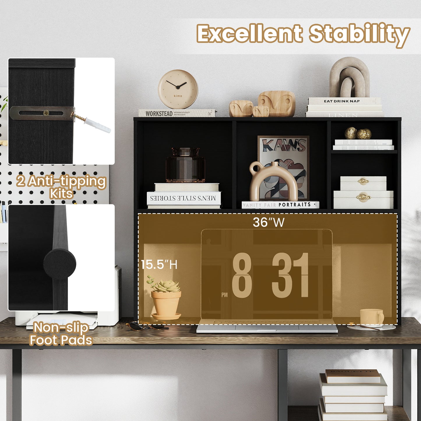 Computer Desktop Bookcase with 4 Cubbies and Open Back Compartment-DK, Black Bookcases at Gallery Canada