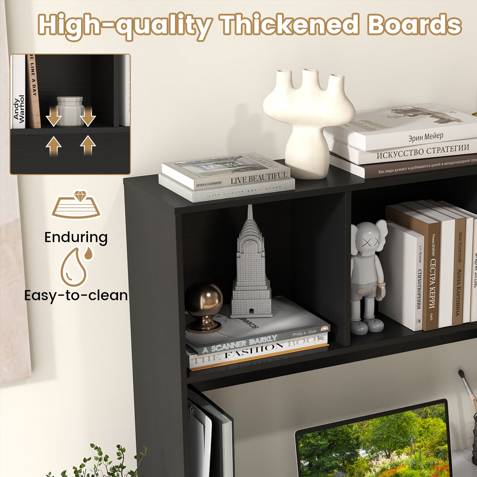 Computer Desktop Bookcase with 4 Cubbies and Open Back Compartment-DK, Black Bookcases at Gallery Canada