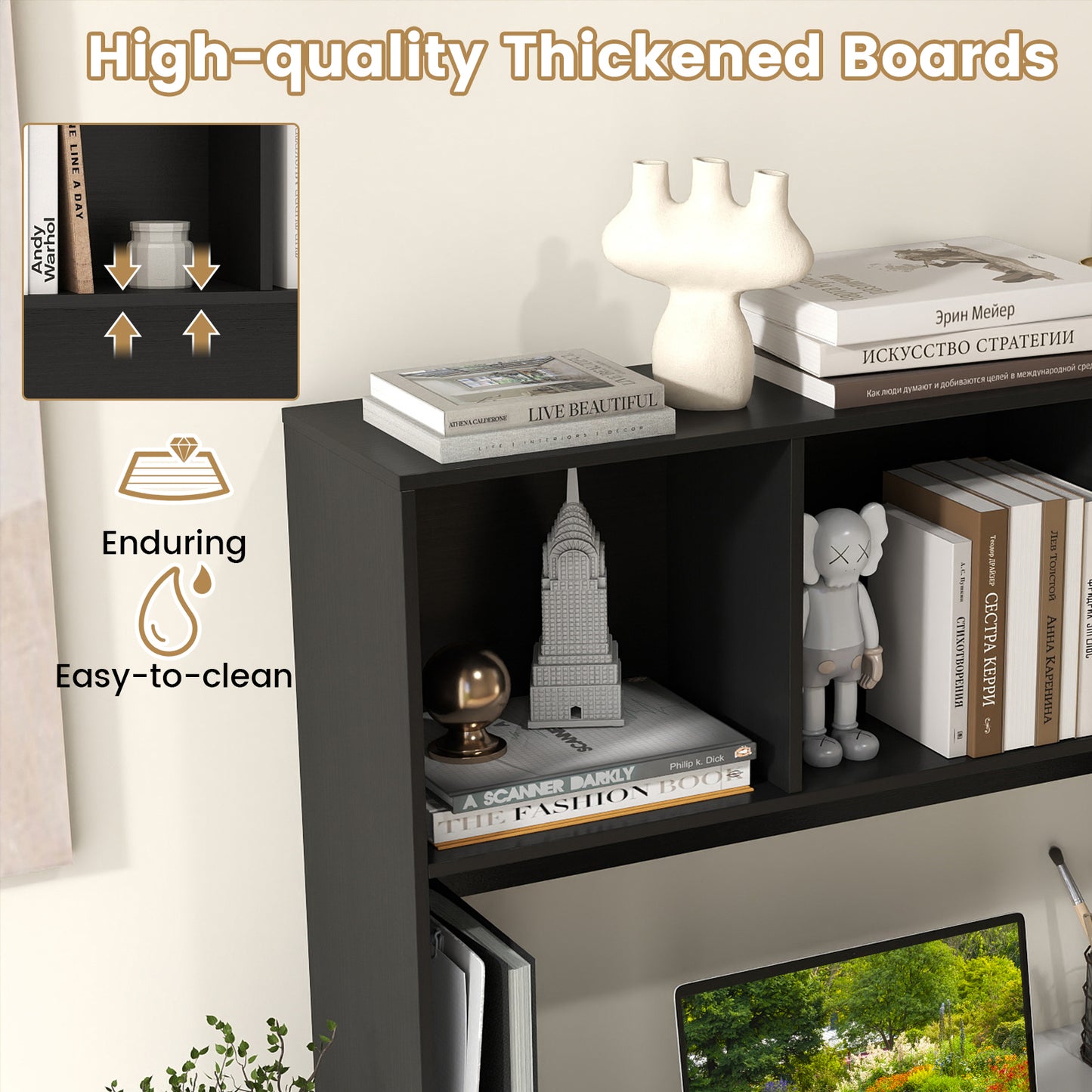 Computer Desktop Bookcase with 4 Cubbies and Open Back Compartment-DK, Black Bookcases at Gallery Canada