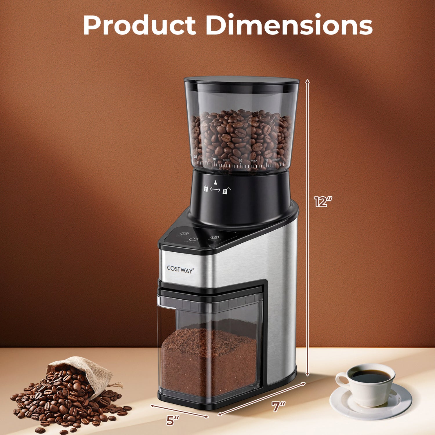 Conical Burr Coffee Grinder, 60 Grinding Settings, Digital Display, Silver Juicers & Coffee Machines at Gallery Canada