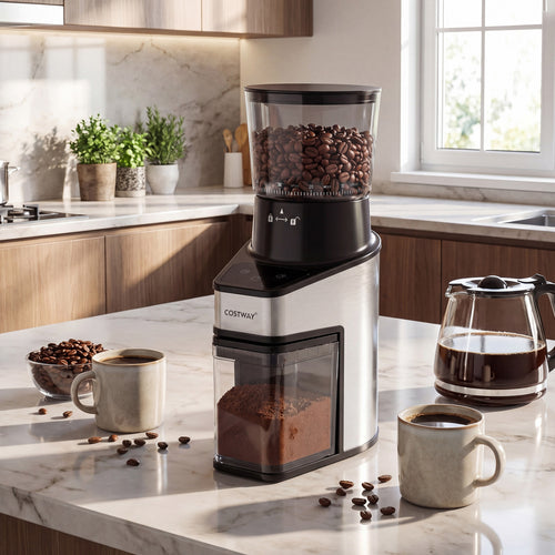 Conical Burr Coffee Grinder, 60 Grinding Settings, Digital Display, Silver