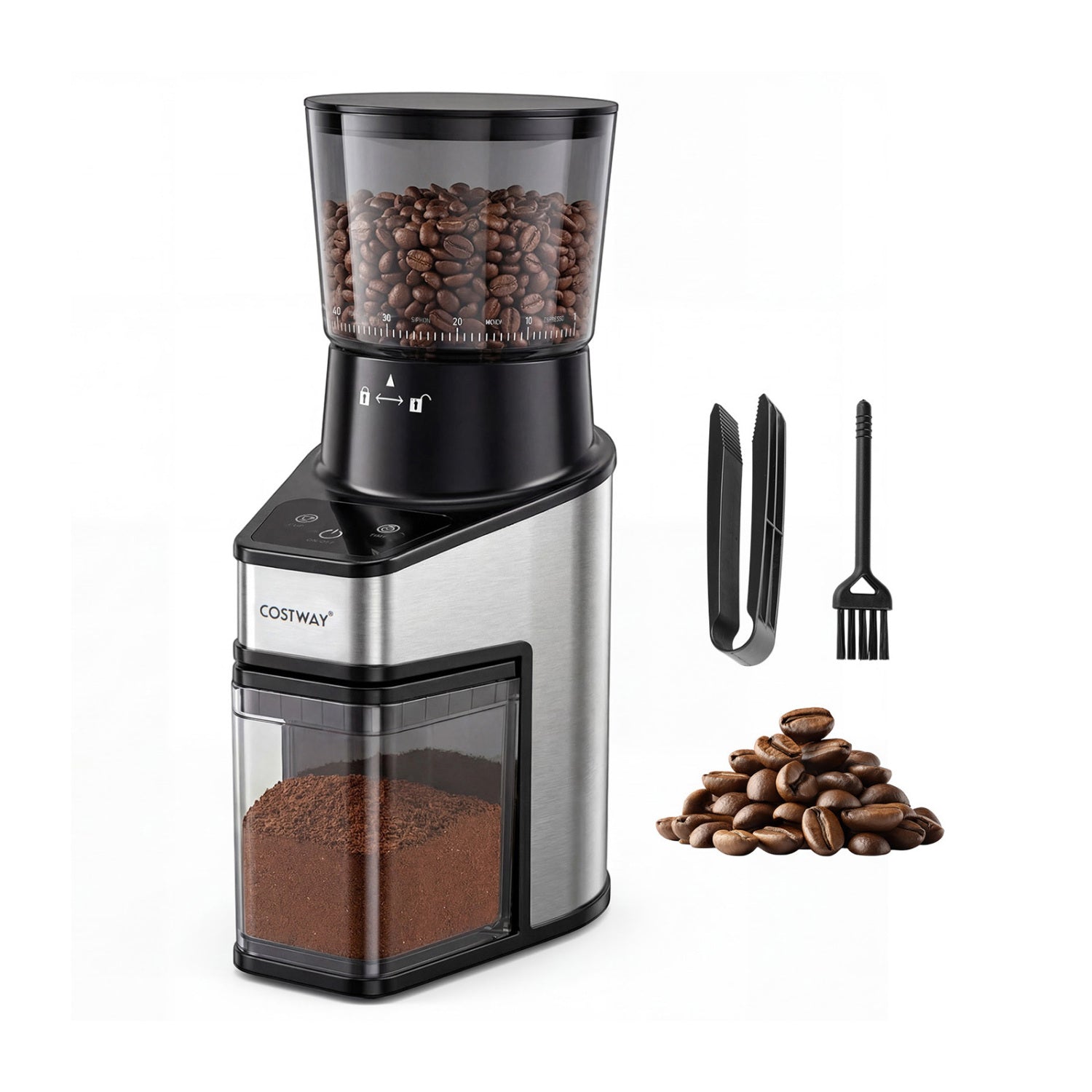 Conical Burr Coffee Grinder, 60 Grinding Settings, Digital Display, Silver Juicers & Coffee Machines at Gallery Canada