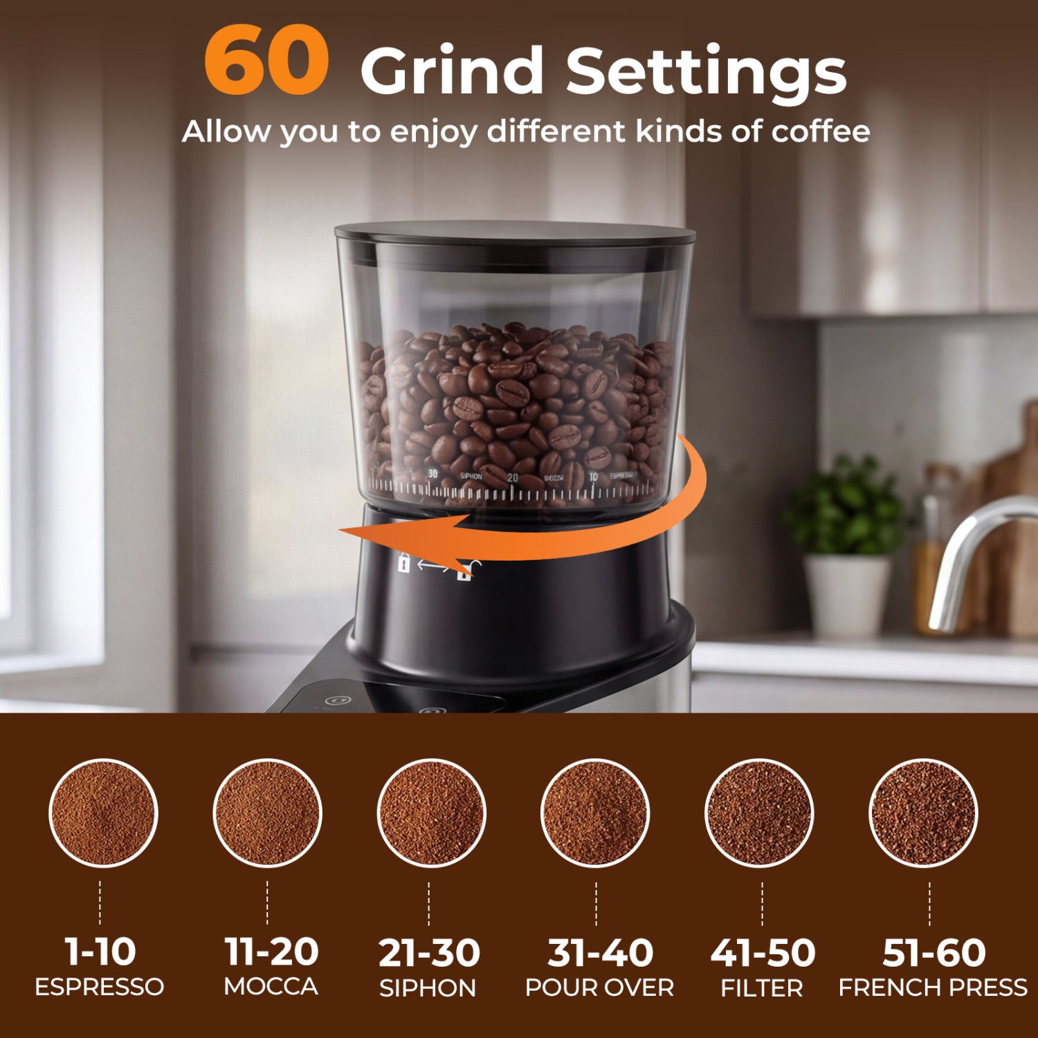 Conical Burr Coffee Grinder, 60 Grinding Settings, Digital Display, Silver Juicers & Coffee Machines at Gallery Canada