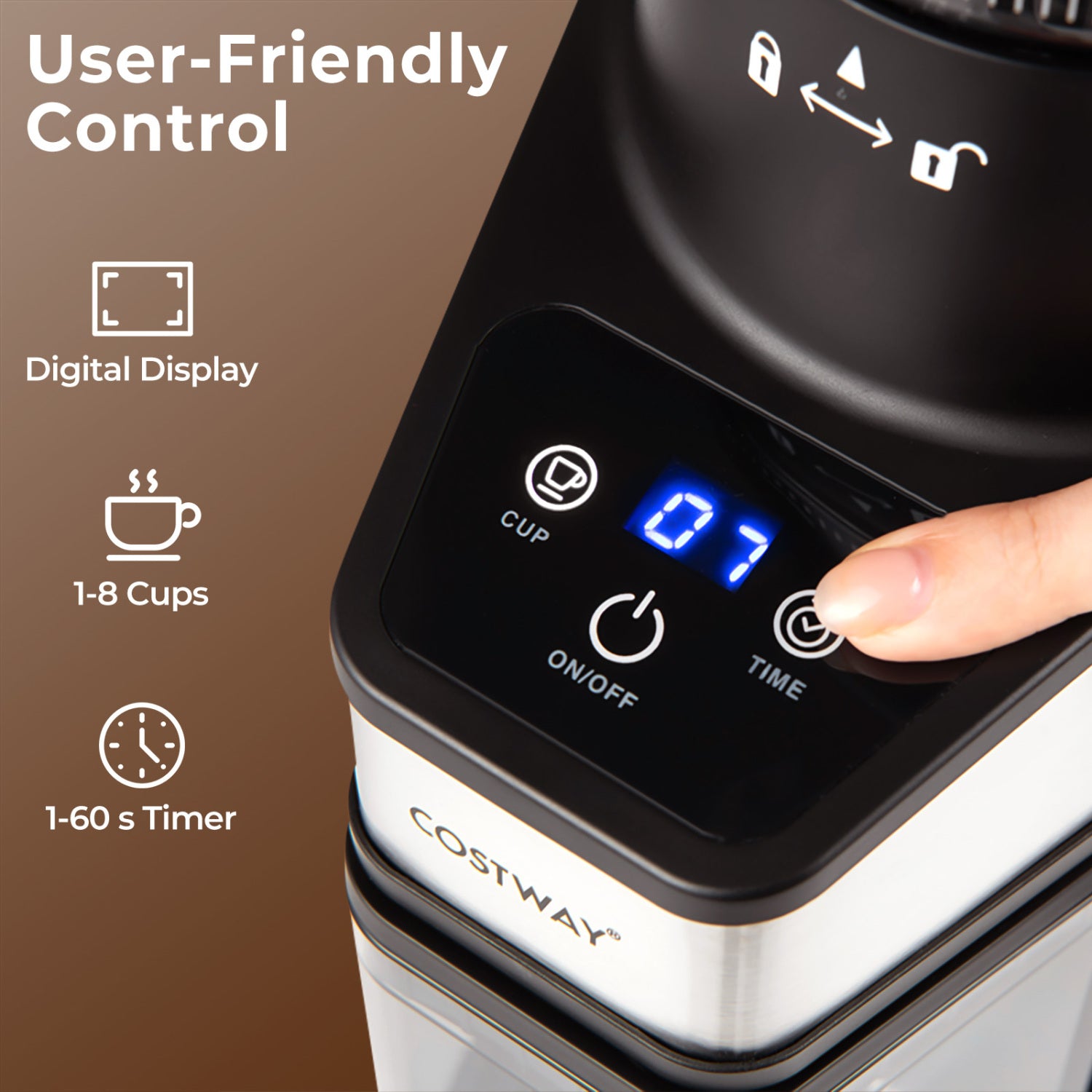 Conical Burr Coffee Grinder, 60 Grinding Settings, Digital Display, Silver Juicers & Coffee Machines at Gallery Canada