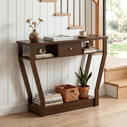 Console Hall Table With Storage Drawer And Shelf, Walnut