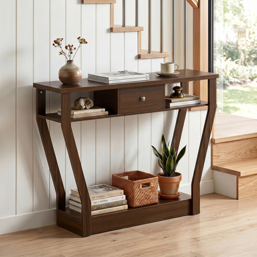 Console Hall Table With Storage Drawer And Shelf, Walnut