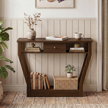 Console Hall Table With Storage Drawer And Shelf, Walnut