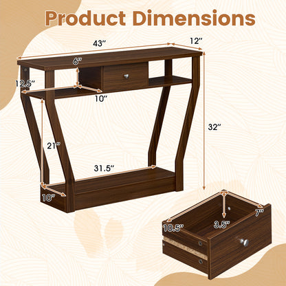Console Hall Table With Storage Drawer And Shelf, Walnut