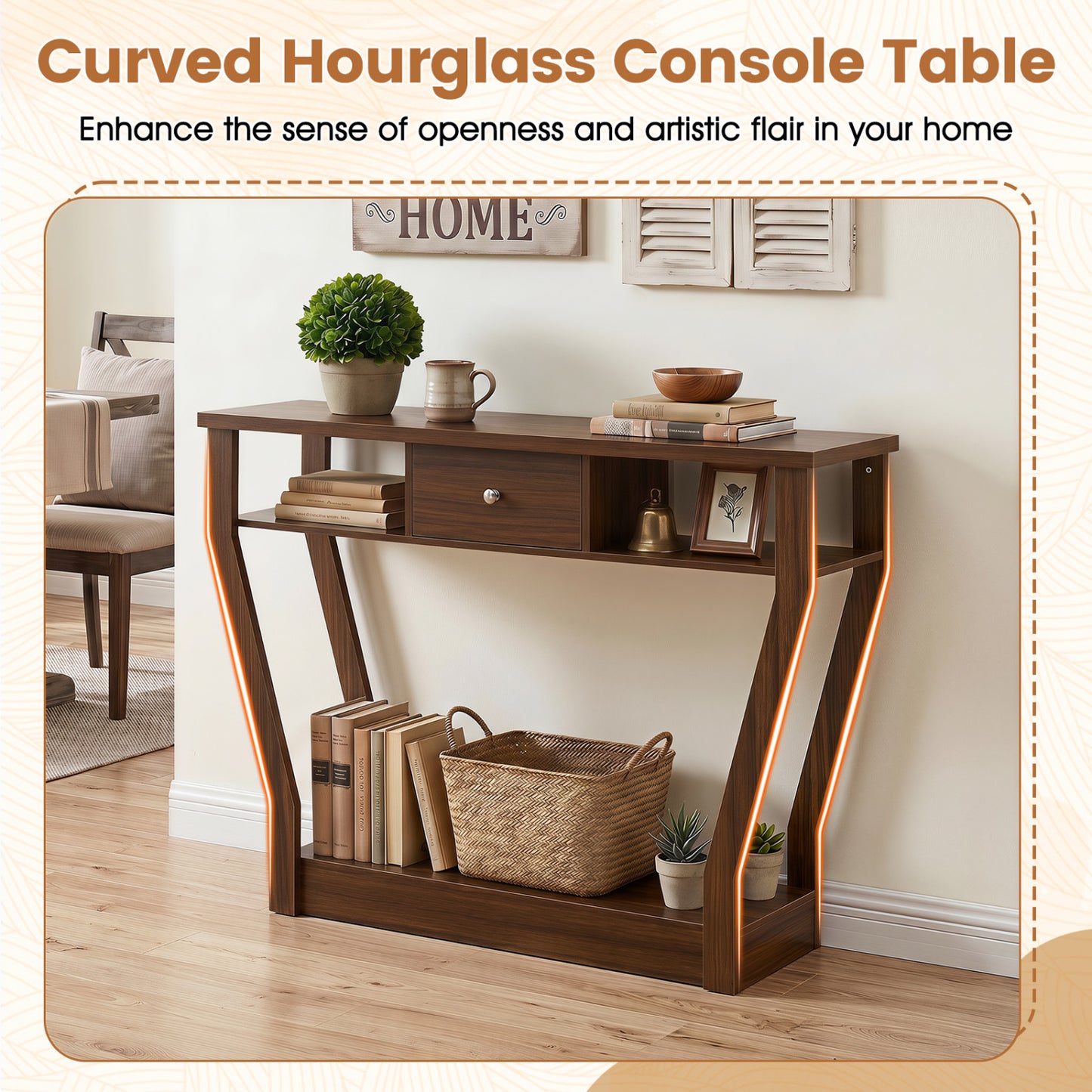 Console Hall Table With Storage Drawer And Shelf, Walnut