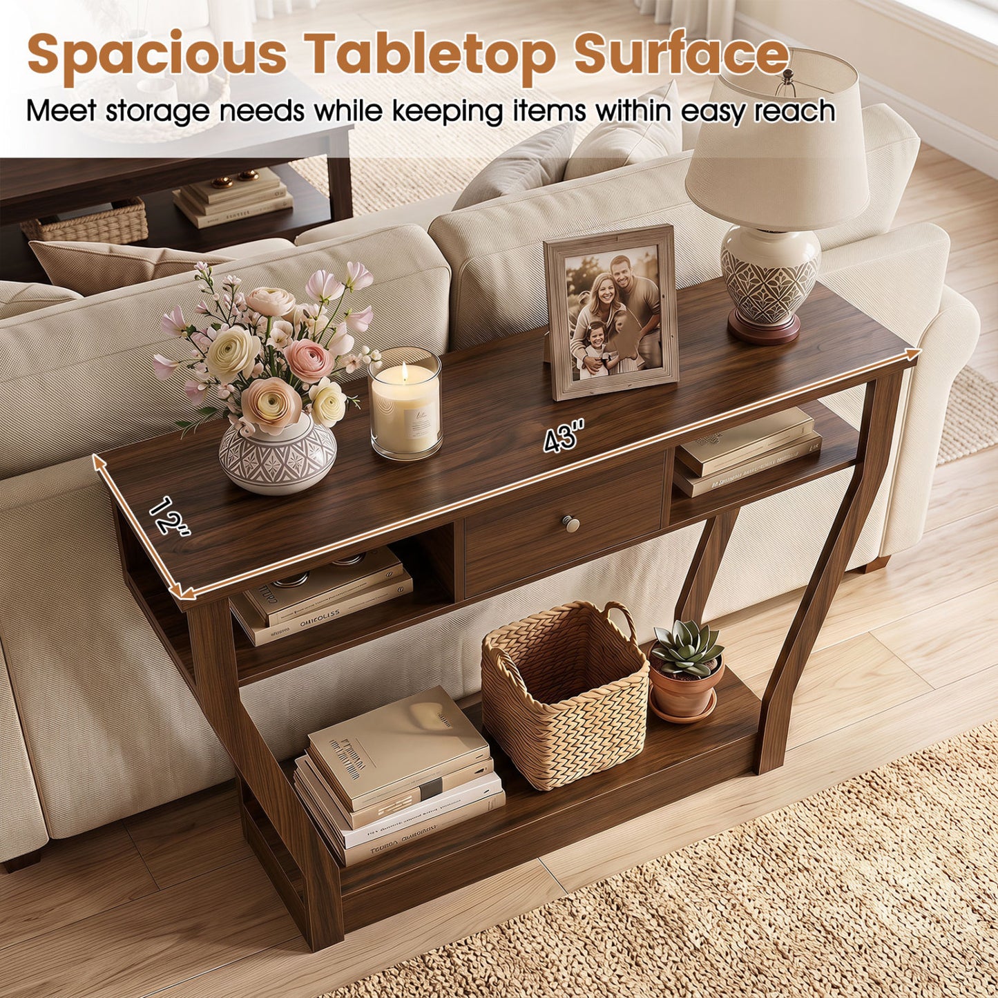 Console Hall Table With Storage Drawer And Shelf, Walnut