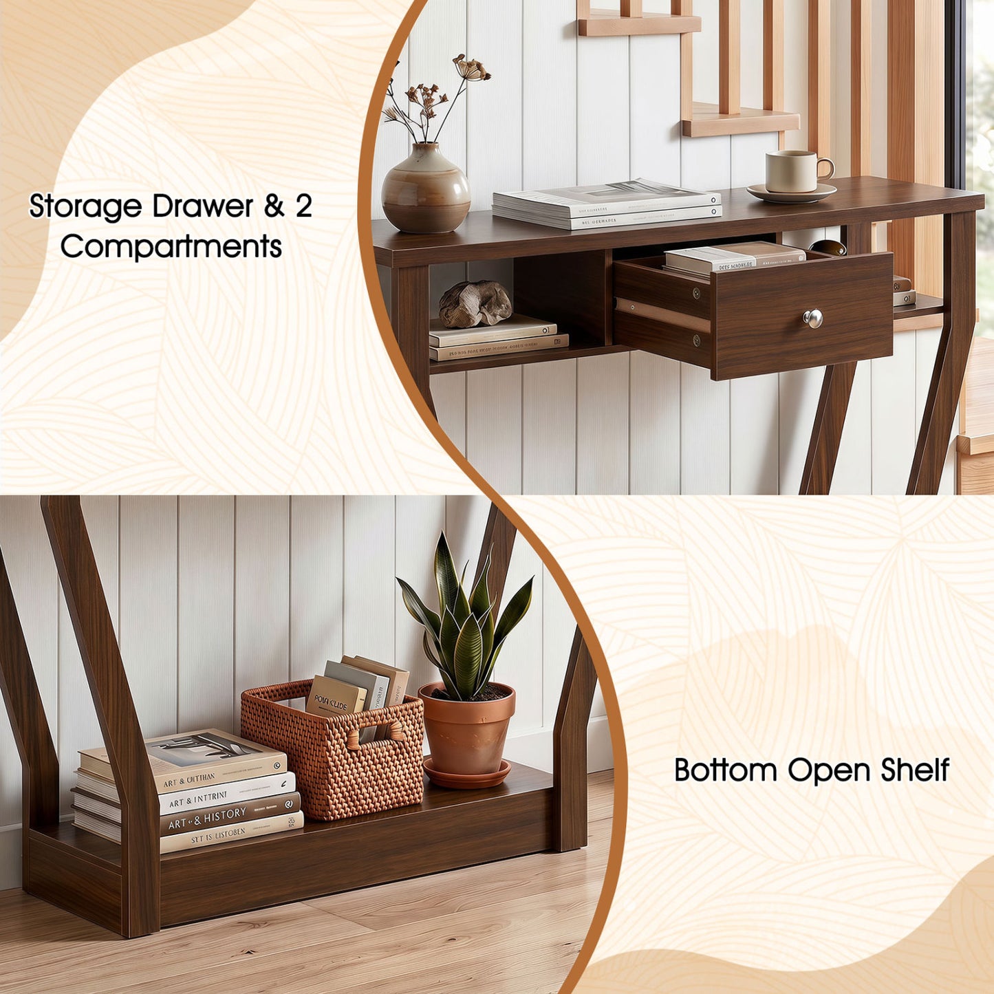 Console Hall Table With Storage Drawer And Shelf, Walnut