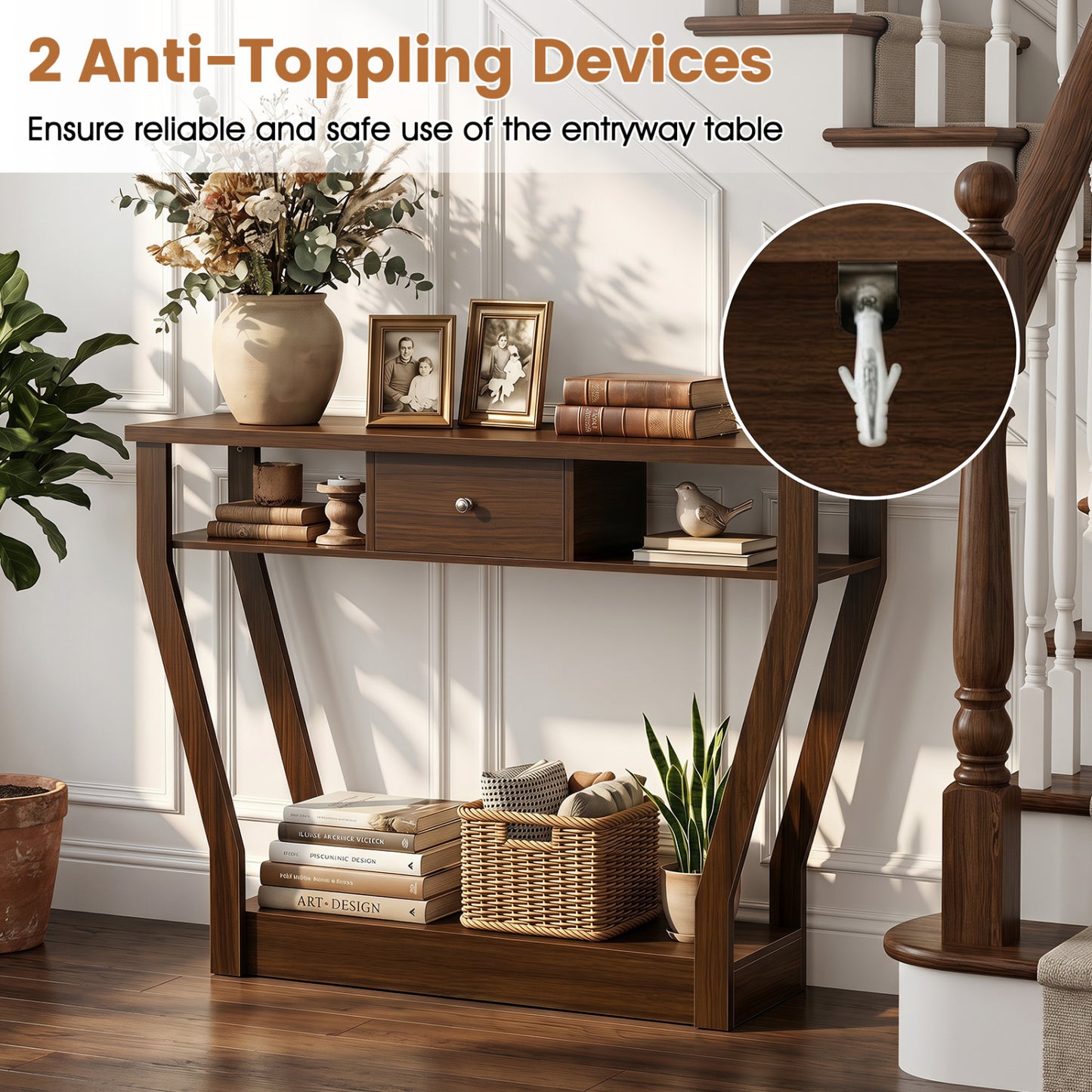 Console Hall Table With Storage Drawer And Shelf, Walnut
