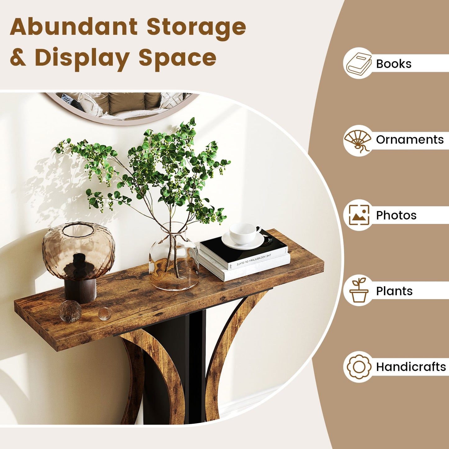 Console Table 39.5 Inch Rectangular Entryway Table with Geometric Frame, Rustic Brown