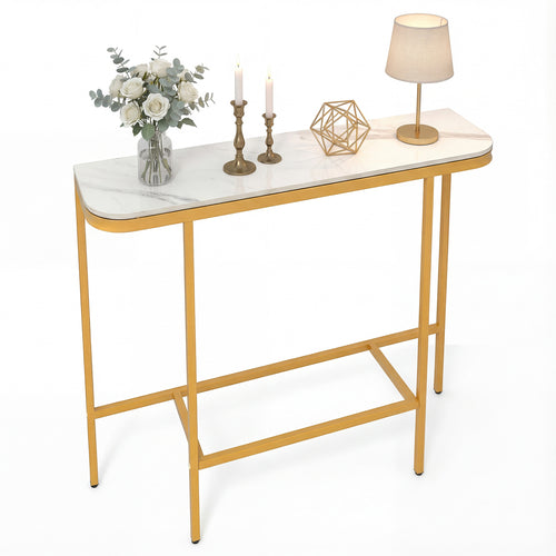 Console Table 44-Inch, Faux Marble Tabletop, Metal Frame, White
