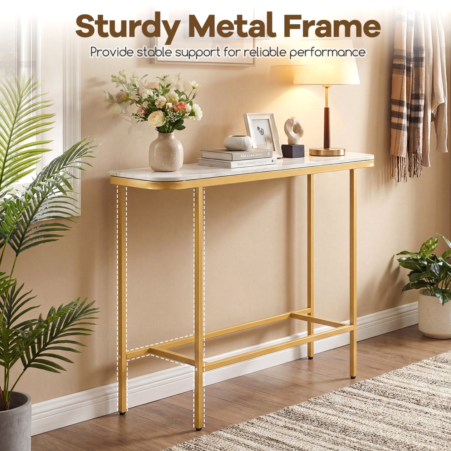 Console Table 44-Inch, Faux Marble Tabletop, Metal Frame, White