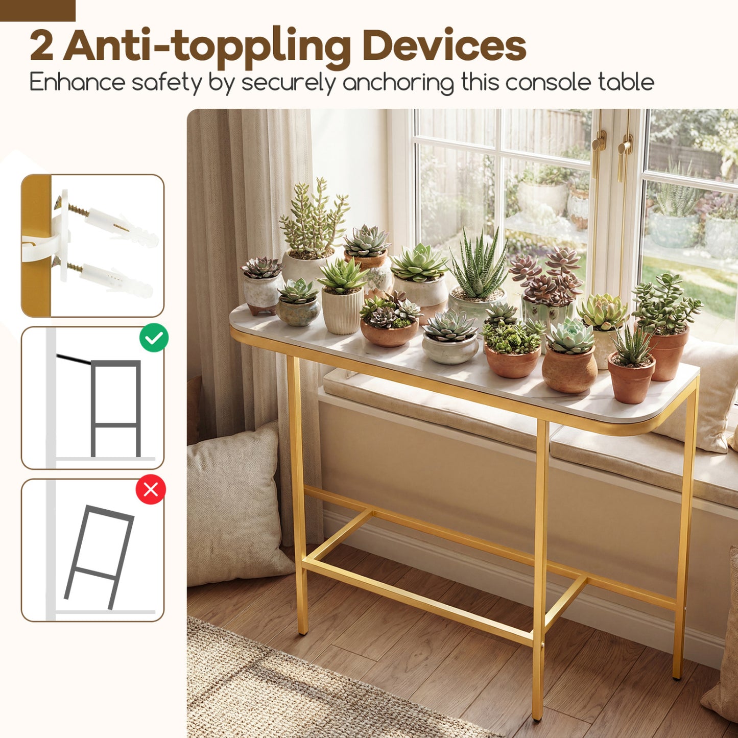 Console Table 44-Inch, Faux Marble Tabletop, Metal Frame, White