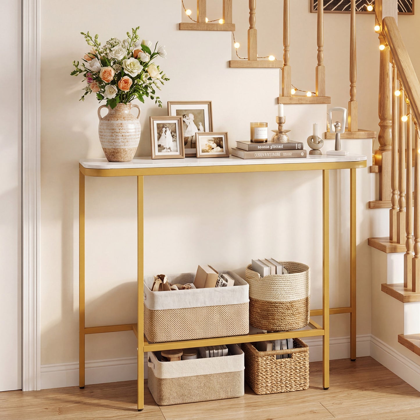 Console Table 44-Inch, Faux Marble Tabletop, Metal Frame, White