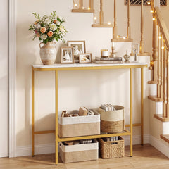 Console Table 44-Inch, Faux Marble Tabletop, Metal Frame, White