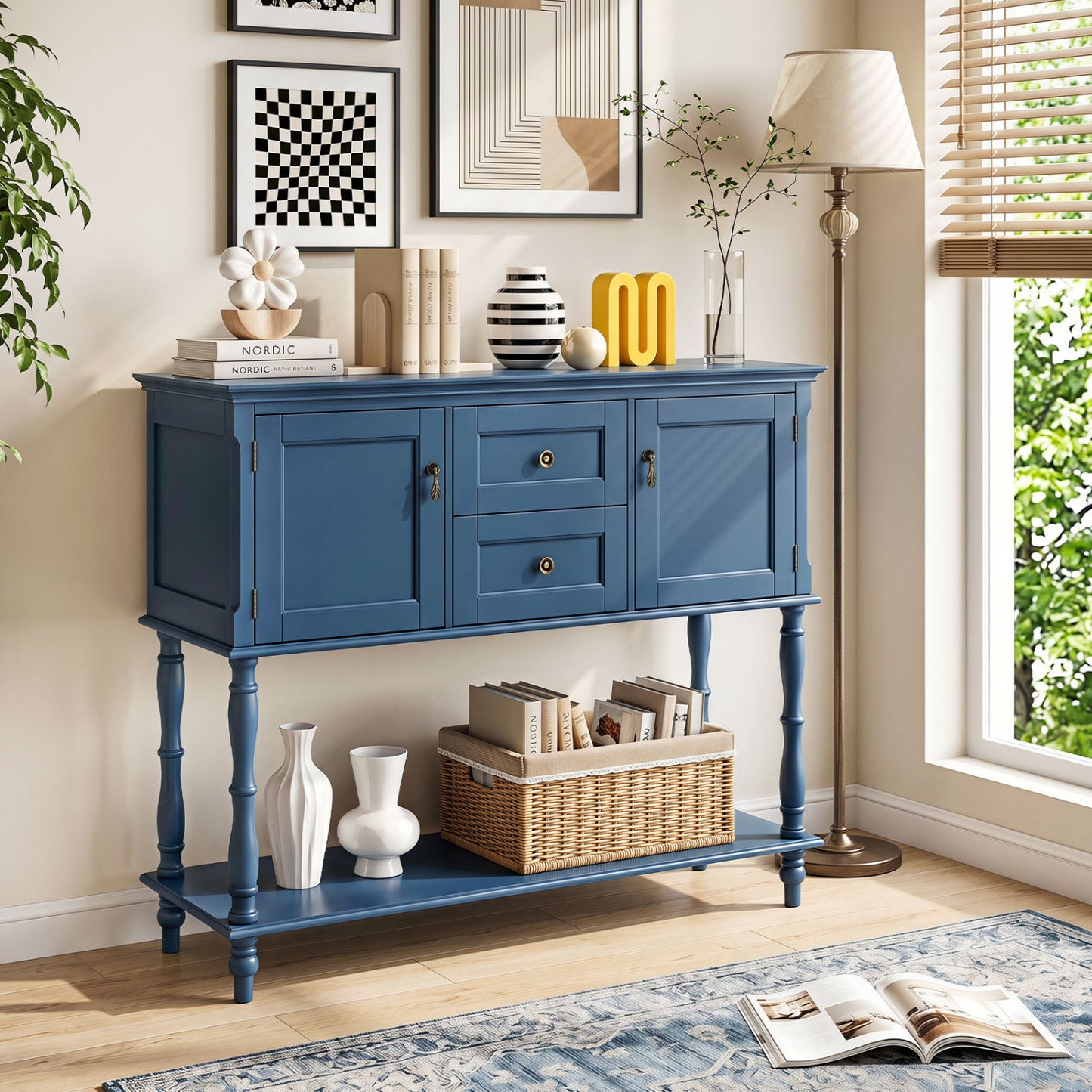 Table console, 2 tiroirs, 2 armoires à porte, étagère, bleu