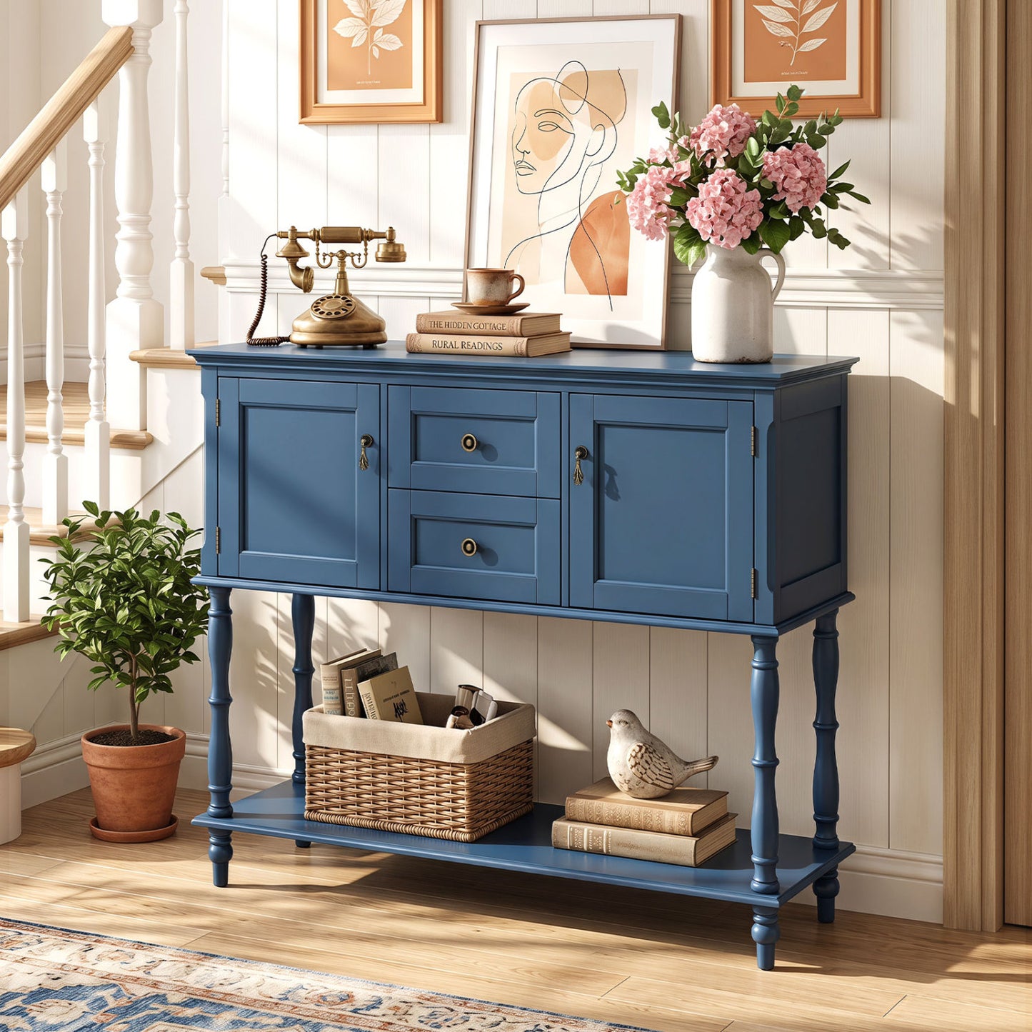 Table console, 2 tiroirs, 2 armoires à porte, étagère, bleu