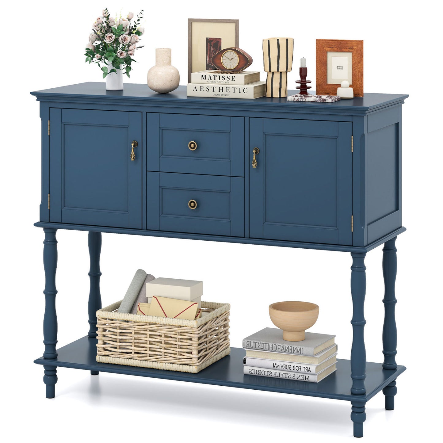 Table console, 2 tiroirs, 2 armoires à porte, étagère, bleu