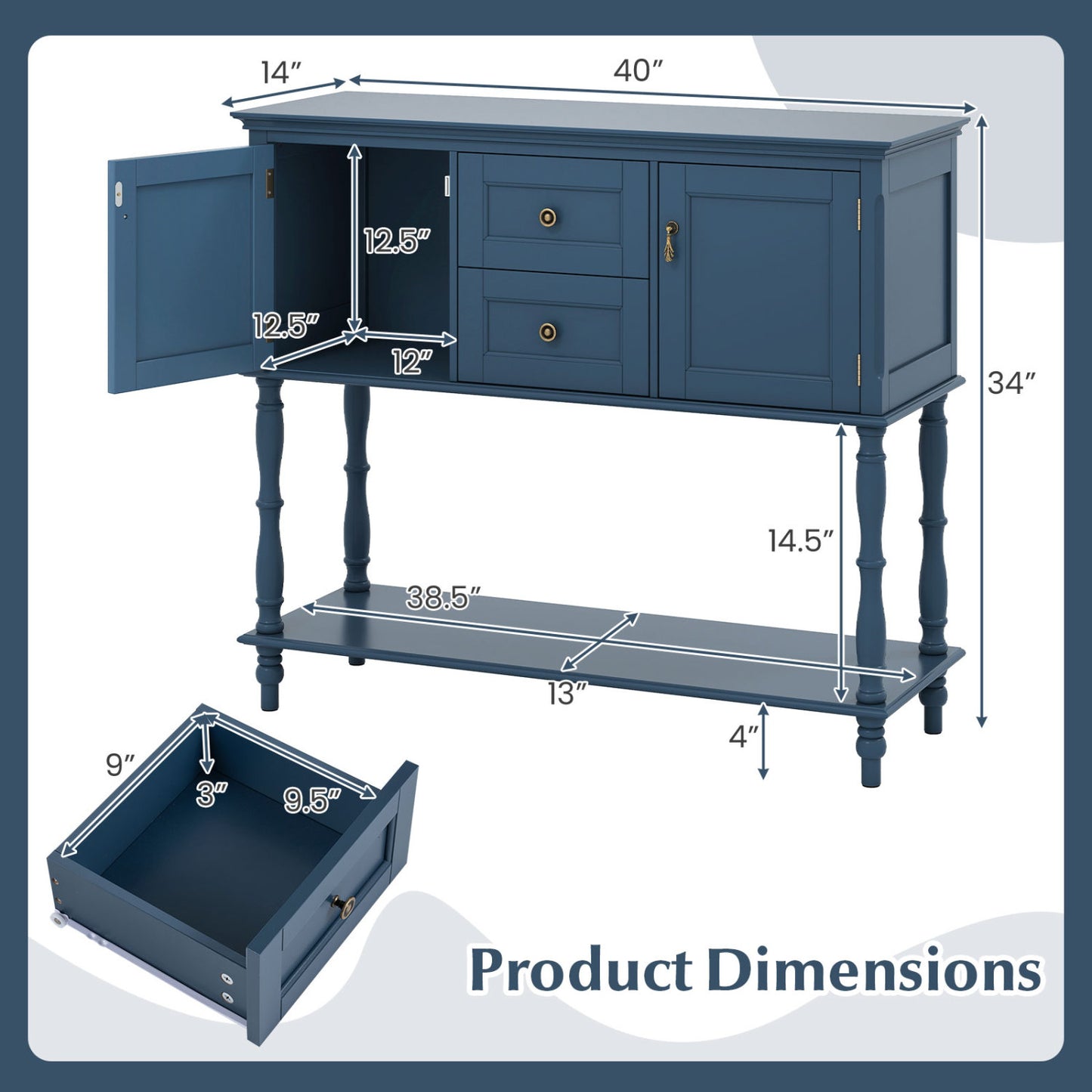 Table console, 2 tiroirs, 2 armoires à porte, étagère, bleu