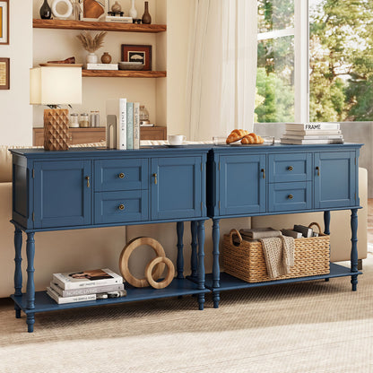 Table console, 2 tiroirs, 2 armoires à porte, étagère, bleu