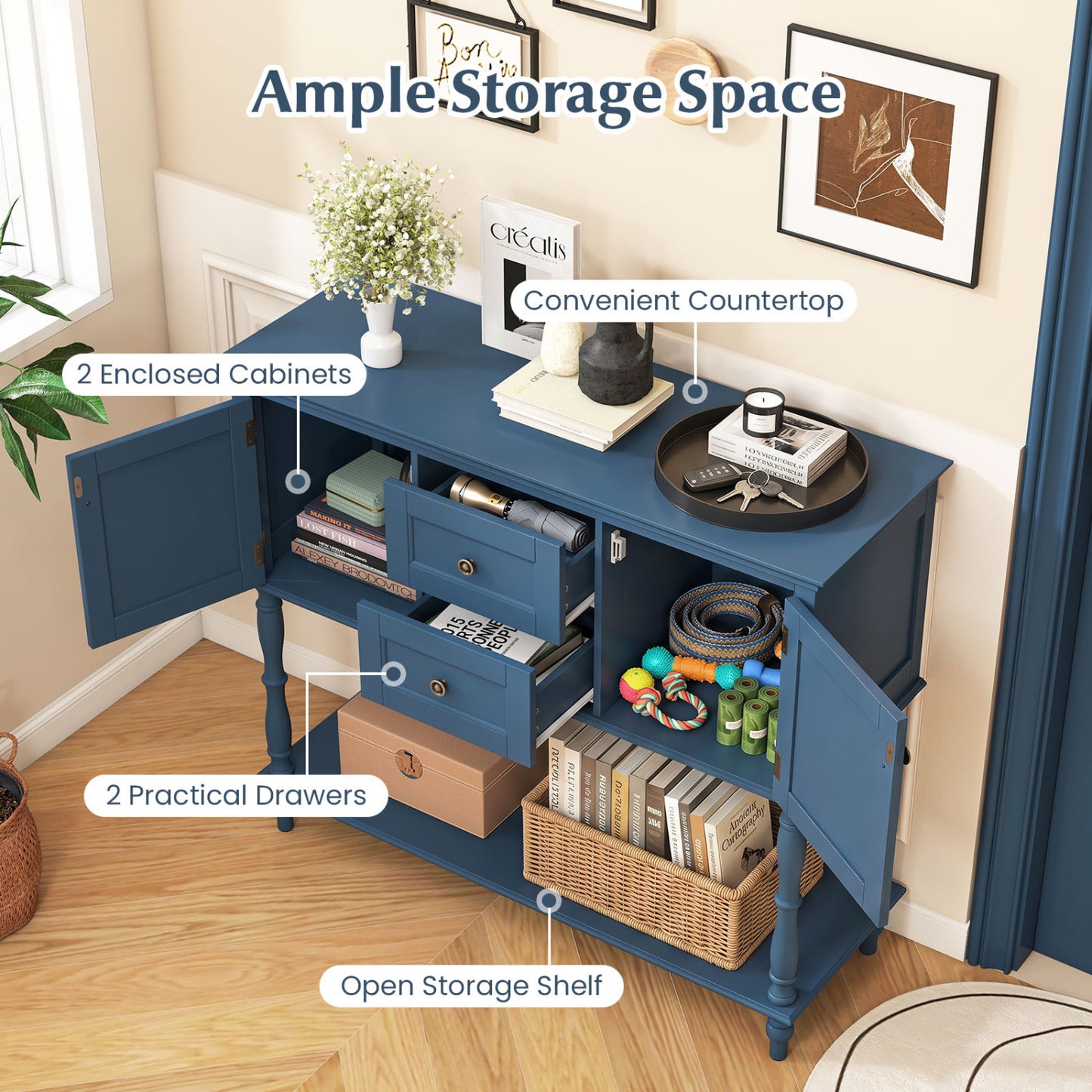 Table console, 2 tiroirs, 2 armoires à porte, étagère, bleu