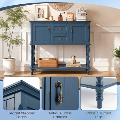 Table console, 2 tiroirs, 2 armoires à porte, étagère, bleu