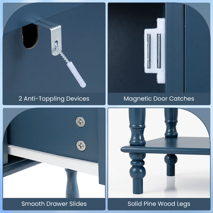 Table console, 2 tiroirs, 2 armoires à porte, étagère, bleu