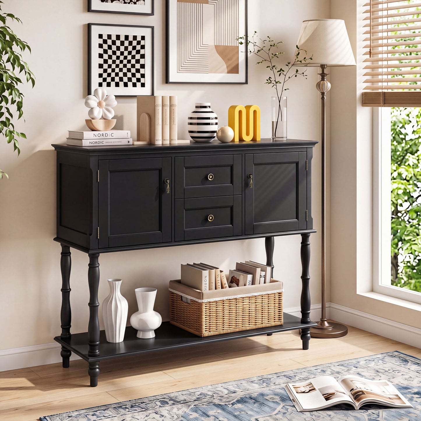 Console Table With 2 Drawers, 2 Door Cabinets, Shelf, Black