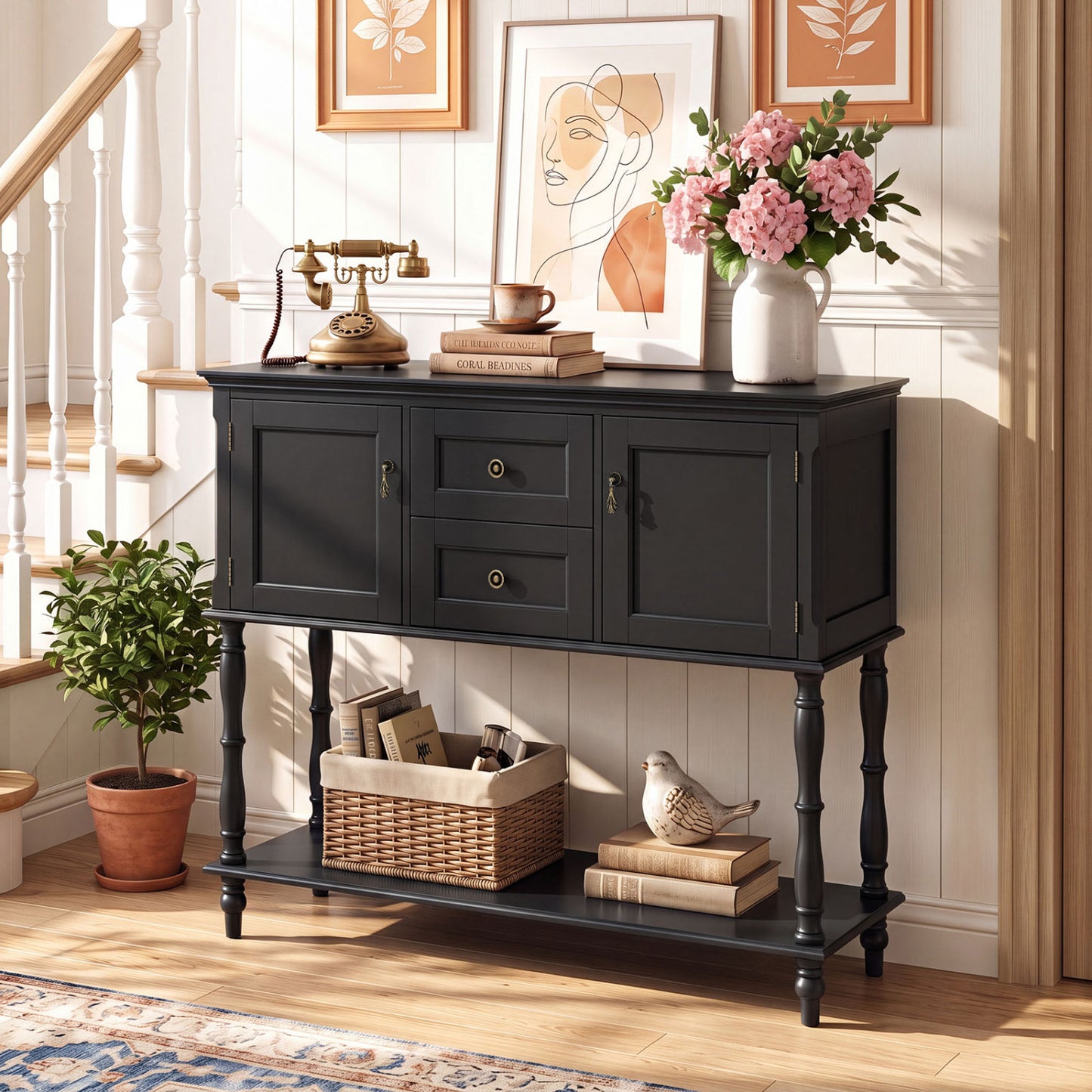 Console Table With 2 Drawers, 2 Door Cabinets, Shelf, Black