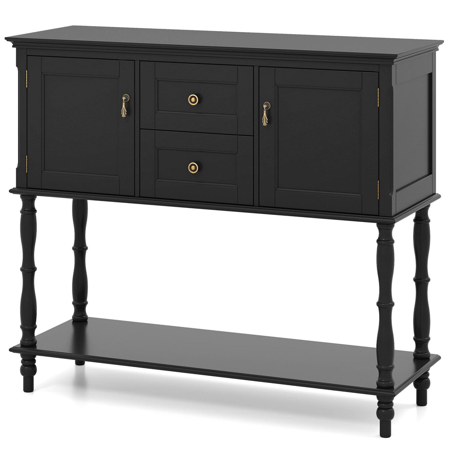 Console Table With 2 Drawers, 2 Door Cabinets, Shelf, Black