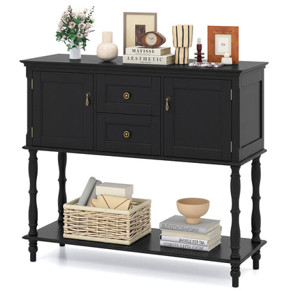 Console Table With 2 Drawers, 2 Door Cabinets, Shelf, Black