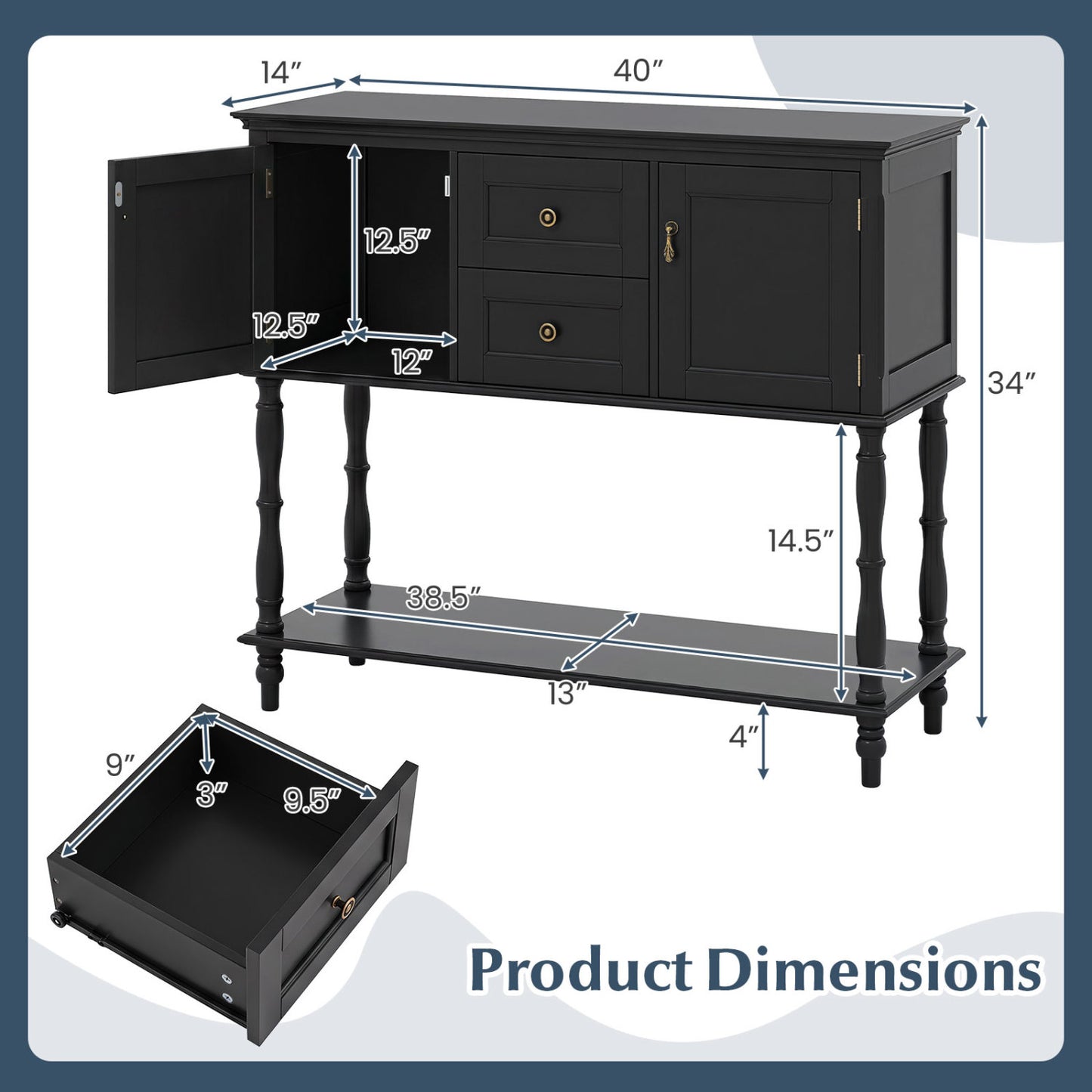 Console Table With 2 Drawers, 2 Door Cabinets, Shelf, Black