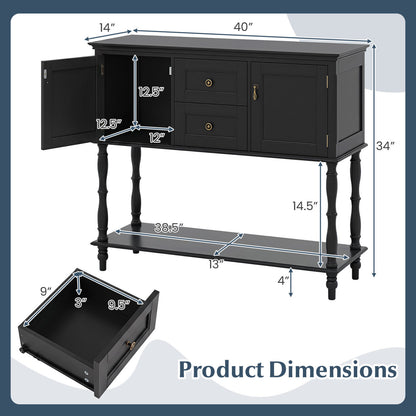 Console Table With 2 Drawers, 2 Door Cabinets, Shelf, Black