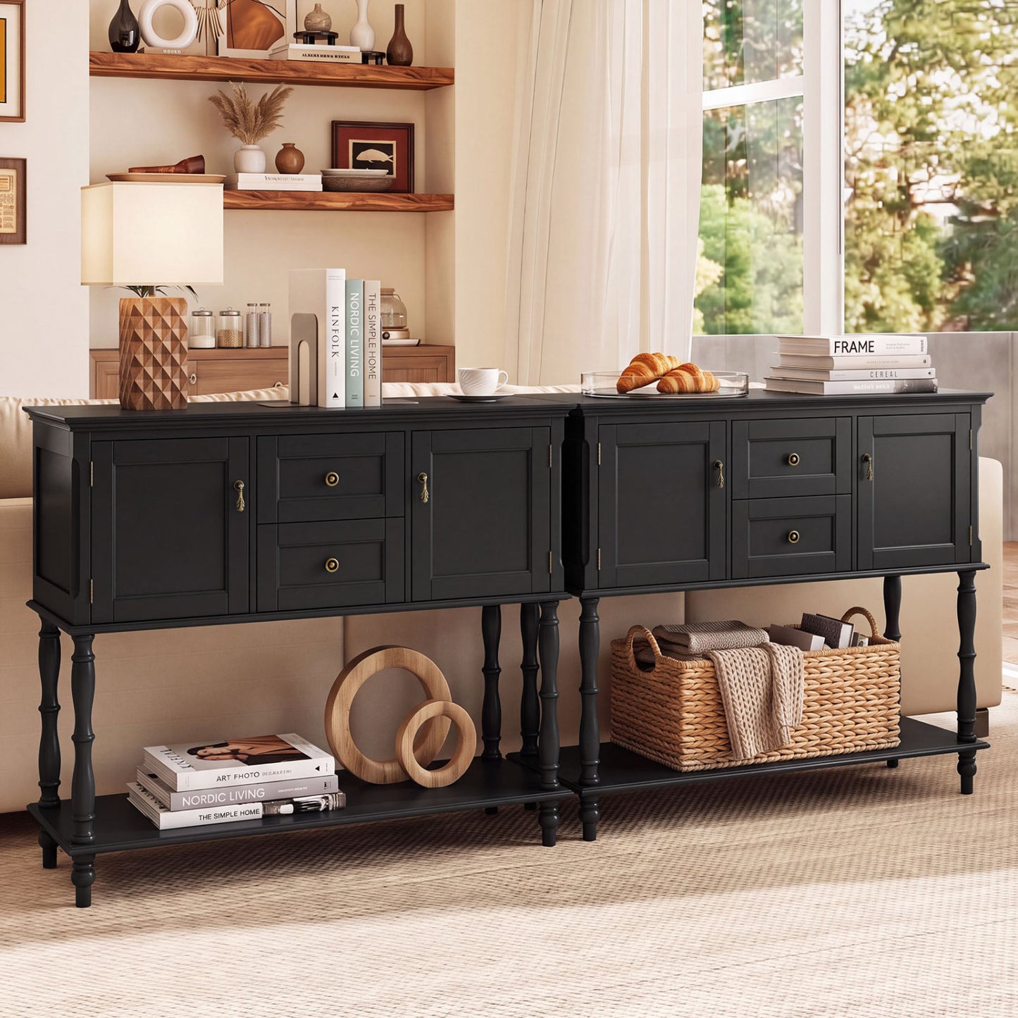 Console Table With 2 Drawers, 2 Door Cabinets, Shelf, Black