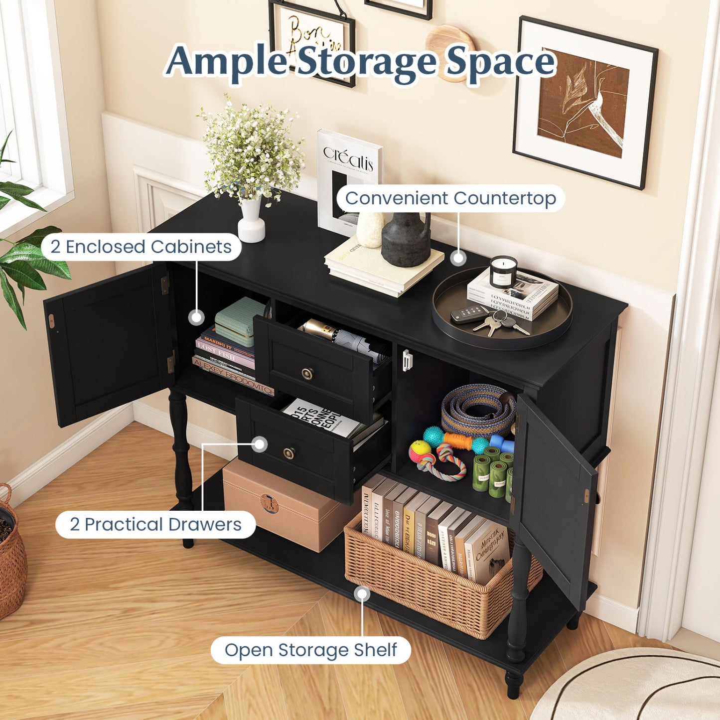 Console Table With 2 Drawers, 2 Door Cabinets, Shelf, Black