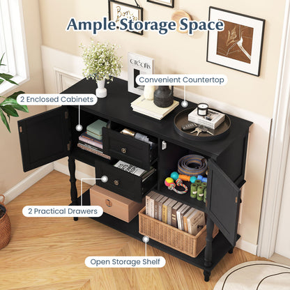 Console Table With 2 Drawers, 2 Door Cabinets, Shelf, Black