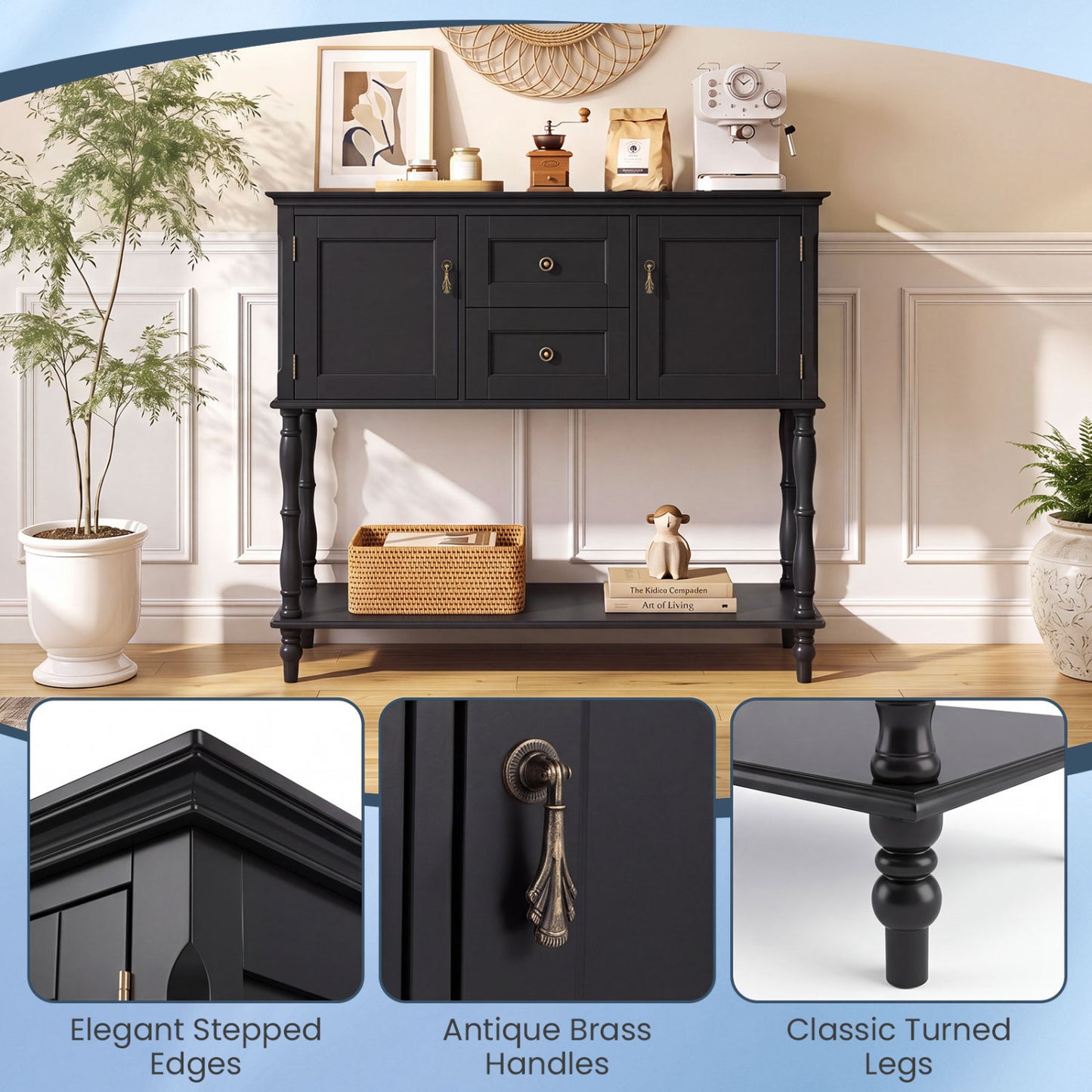 Console Table With 2 Drawers, 2 Door Cabinets, Shelf, Black