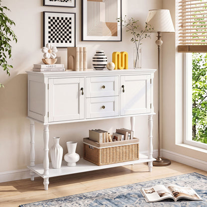 Table console avec 2 tiroirs, 2 armoires à porte, étagère, blanc