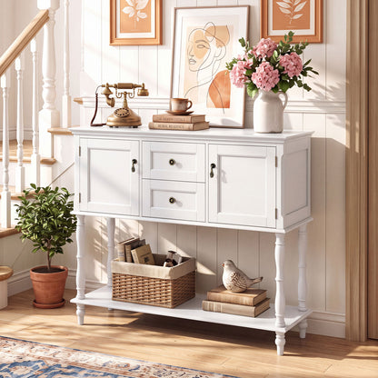 Table console avec 2 tiroirs, 2 armoires à porte, étagère, blanc