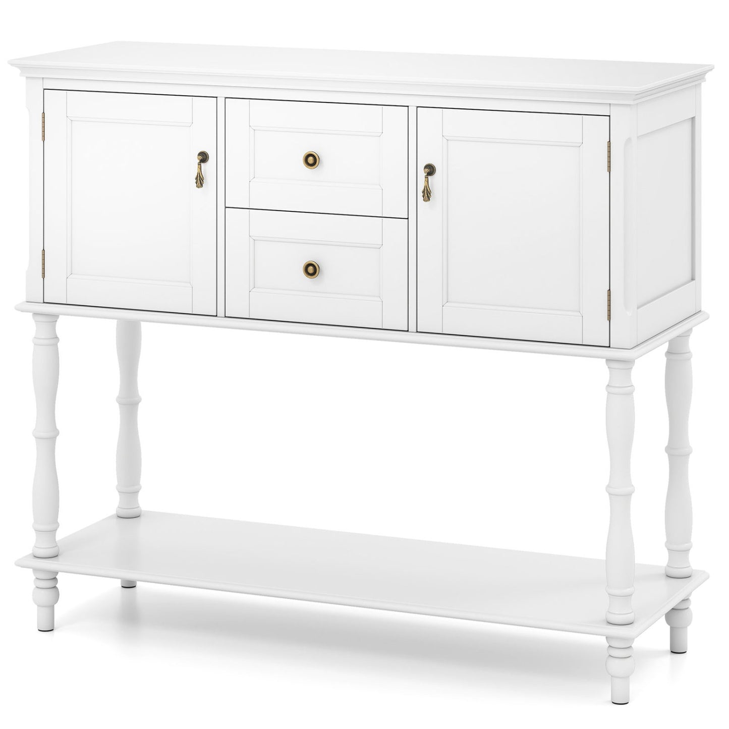 Table console avec 2 tiroirs, 2 armoires à porte, étagère, blanc