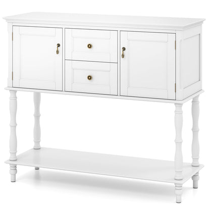 Table console avec 2 tiroirs, 2 armoires à porte, étagère, blanc