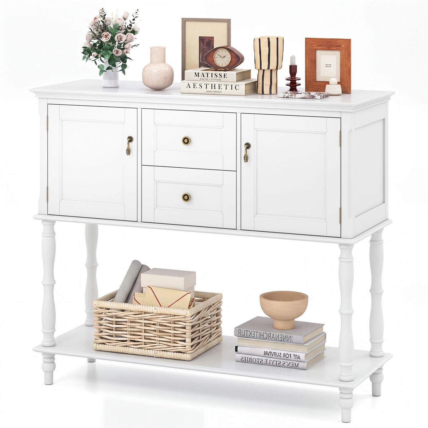 Table console avec 2 tiroirs, 2 armoires à porte, étagère, blanc