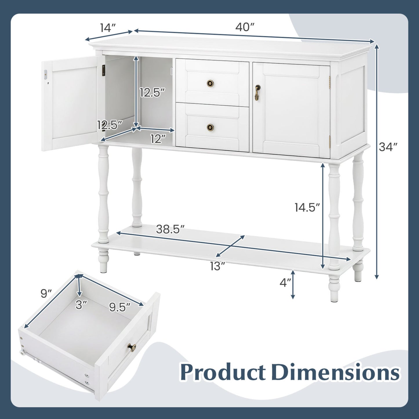 Table console avec 2 tiroirs, 2 armoires à porte, étagère, blanc